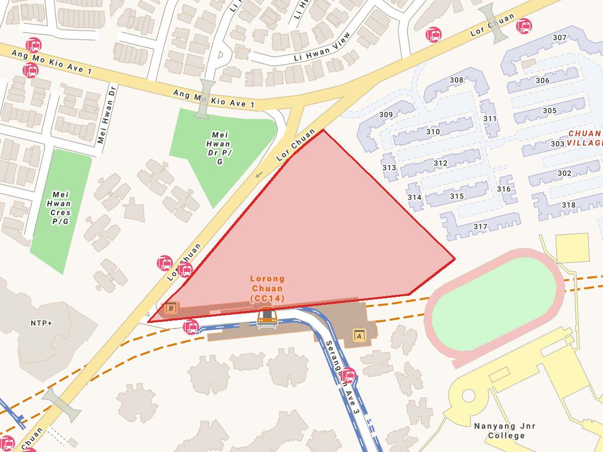 Chuan Park's development-control parcel highlighted over OneMap, beside Lorong Chuan MRT station