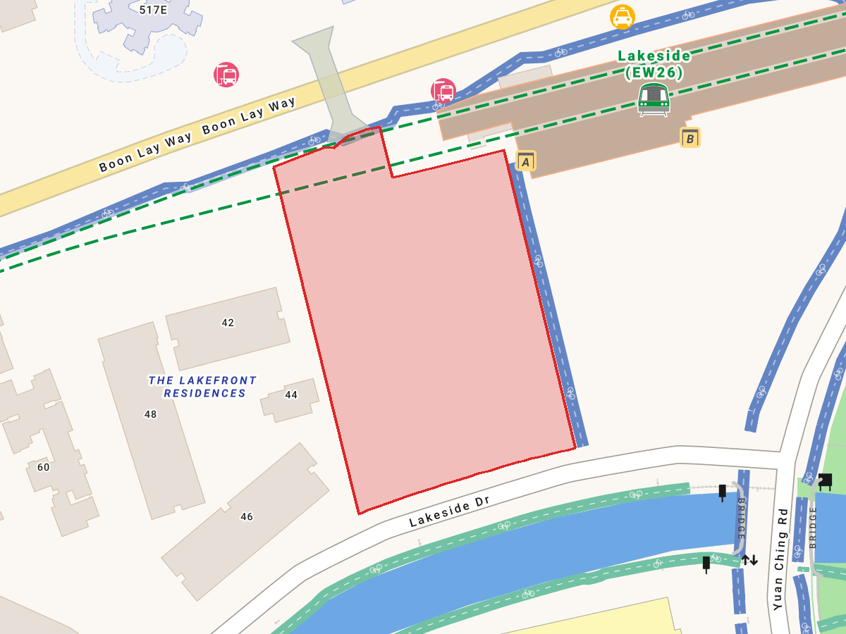 Awarded Lakeside Drive tender parcel highlighted over OneMap, beside Lakeside MRT station