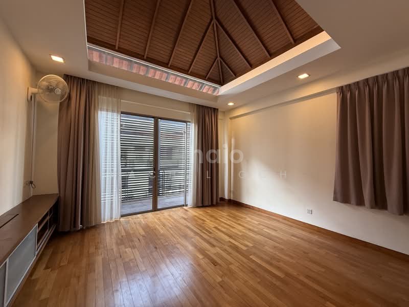 Jalan Remis semi-detached — bedroom with vaulted timber ceiling and balcony access
